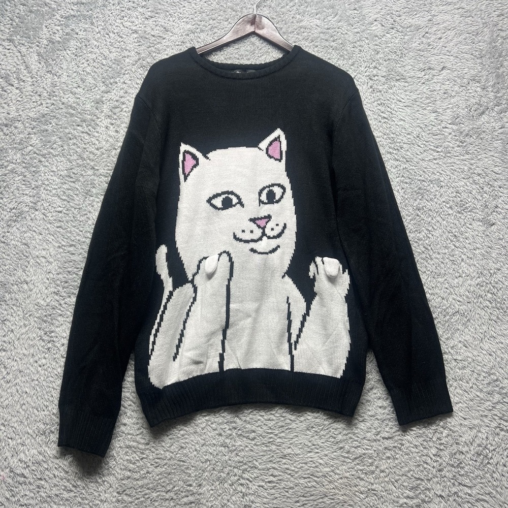RIPNDIP Flippy Lord Nermal Knitty Sweater Mens Large Black White Cat Pump Action